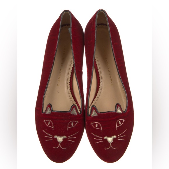 Charlotte Olympia Shoes - GUC Charlotte Olympia Red Velvet Embroidered Kitty Flats